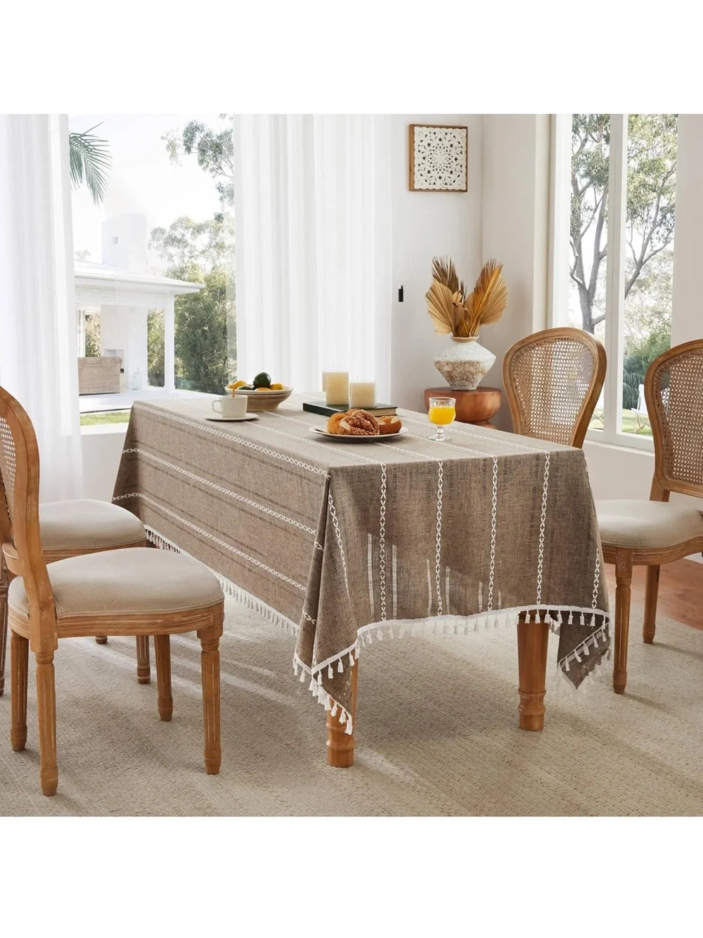 Hemstitched Embroidery Striped Boho Tablecloth 60x120” Cocoa Brown 1845/bb9-1